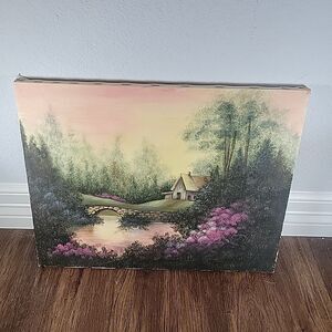 Original 14x18 Acrylic Landscape Painting Cottage Bridge Pond Garden Signed '97